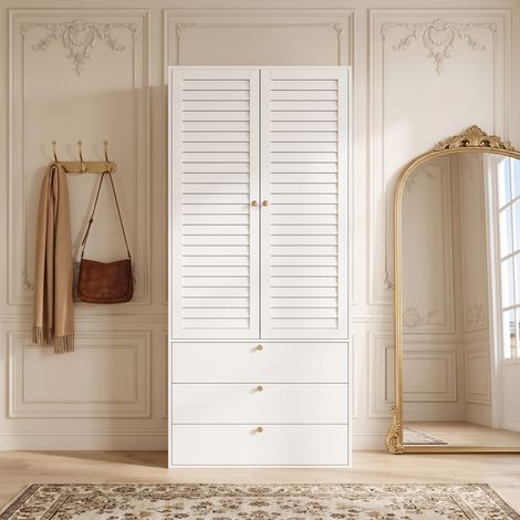 Armoire penderie 90x50x200 cm en panneaux de particules avec 2 portes à lamelles, 1 tringle et 3 tiroirs, dressing rangement chambre - Blanc (1/5)
