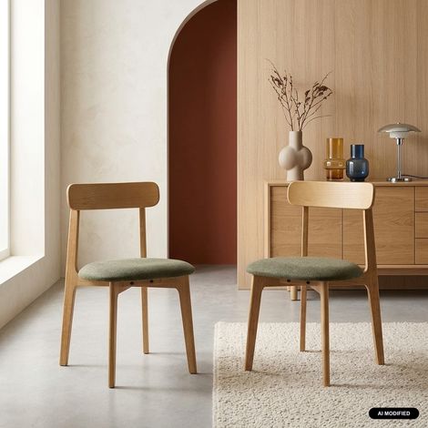 Lot de 2 chaises vintage bois d'hévéa teinte naturelle et tissu texturé - Victoire Naturel / Kaki (1/5)