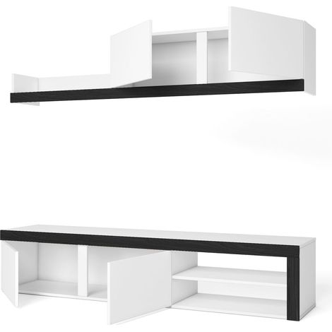 Skraut Home - Salon IDEM "Blanco" - Ensemble de Meubles - Unité Murale - Meuble bas TV - Salle á manger, Ensemble de séjour couleur Blanc/Noir Nordique - Rangement Style Moderne 200 x 180 x 40 cm (1/4)