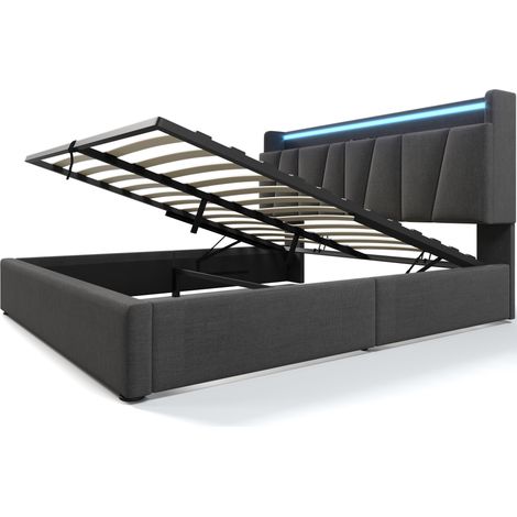 Letto matrimoniale imbottito 140x200 cm con testiera contenitore, USB e LED, grigio, senza materasso (1/5)