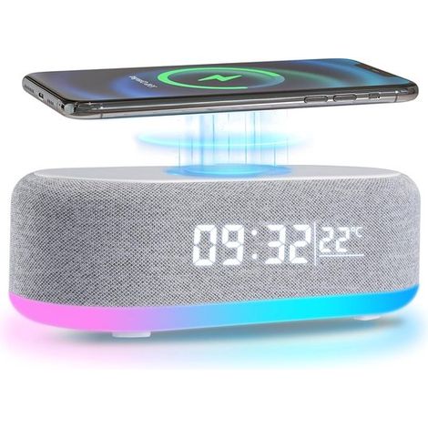 Sveglia digitale multifunzione da comodino con caricatore wireless, altoparlante Bluetooth, display illuminato e misurazione della temperatura. (1/4)