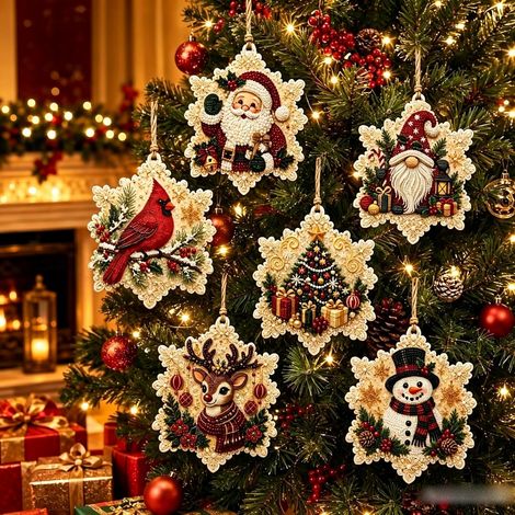 Set mit 6 farbenfrohen Weihnachtsdekorationen aus Holz