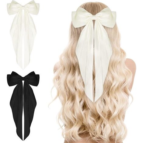 Lot de 2 grandes pinces à cheveux en satin – Noir et blanc – Longue queue – Pour femmes et filles (1/5)