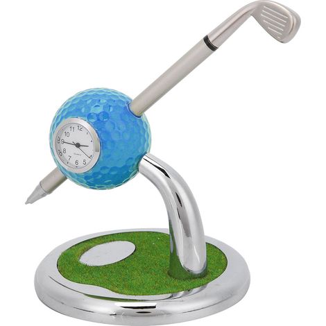 Porte-stylo en forme de balle de golf avec stylo et horloge, décoration de bureau, cadeau de golf (bleu)