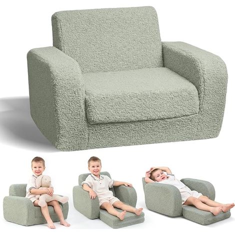 Children's Armchair, Green Children's Sofa in Sherpa Fabric, Children's Furniture for Boys (1/3)
