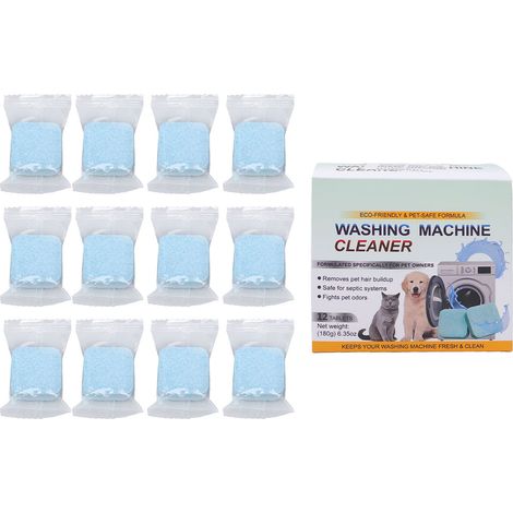 Lot de 12 pastilles nettoyantes pour lave-linge à chargement frontal par le haut, idéales pour les propriétaires d'animaux. Nettoyage en profondeur des odeurs tenaces dues aux poils d'animaux. (1/5)