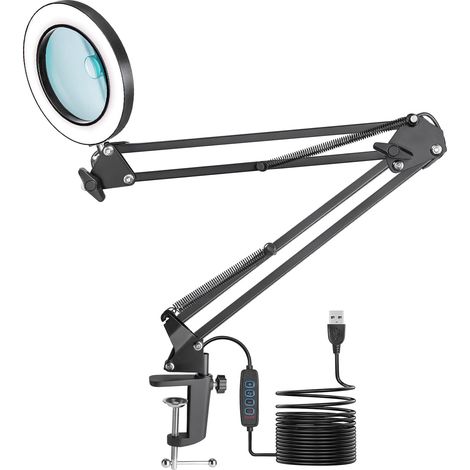 15 x 10X Lampe de Bureau Loupe avec Lumière et Support Lampe de Bureau avec 3 Modes Couleurs Réglables Lecture Réparation Artisanat