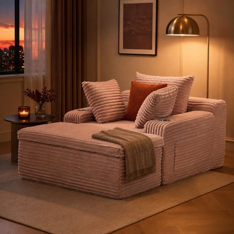 Modulares rosafarbenes Bodensofa mit Schlaffunktion und Chaiselongue aus Cord, montagefrei (1/5)