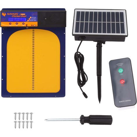 Puerta solar para gallinero , puerta automática para gallinero, resistente al agua IP45, control remoto con sensor de luz, aluminio, para granjas domésticas, color azul joya. (1/5)