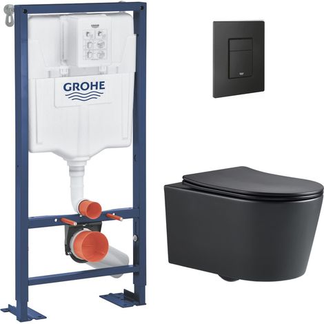 Grohe Pack WC Bâti Solido + WC sans bride SAT Noir mat + Abattant frein de chute + Plaque noir mat