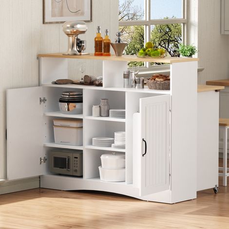Isla de cocina con ruedas, extensible abatible y 2 taburetes, mueble aparador blanco DESVIAE