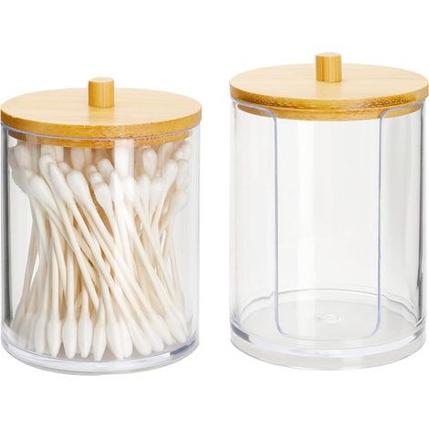 Lot de 2 boîtes à cotons-tiges et distributeurs de coton avec couvercle en bambou, organisateur de maquillage, boîte de rangement transparente pour bâtonnets d'oreille, cotons, bâtonnets de