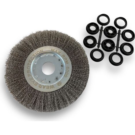 Brosse circulaire INOX  Ø 200 mm  Epaisseur 1 rang  Fil dur 0.30 mm ondulé  Alésage 32 mm + réducteur bague 25/22/20/16/12 mm  Touret meuleuse affûteuse ponceuse  Kibros 218201IT