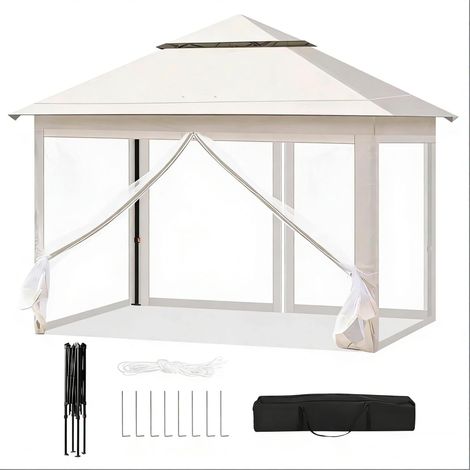 Gazebo plegable 3 x 3 m beige con techo ventilado y mosquitera (1/4)