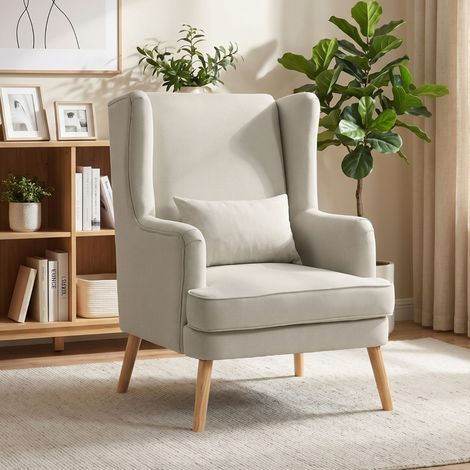 Sillón con respaldo alto, asiento amplio, cojín lumbar, estructura de madera, beige (1/5)
