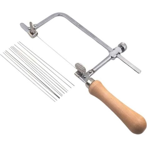 An adjustable saw frame for jewelers, equipped with 12 saw blades, a jewelry making accessory suitable for crafts.