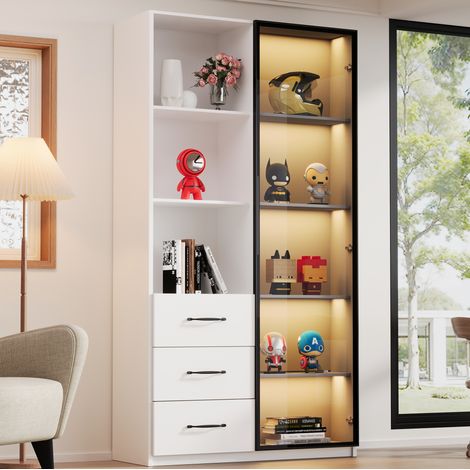 Vitrine LED 80 x 40 x 160 cm avec porte en verre trempé, 3 tiroirs et 3 niches blanches HAVRYA (1/5)