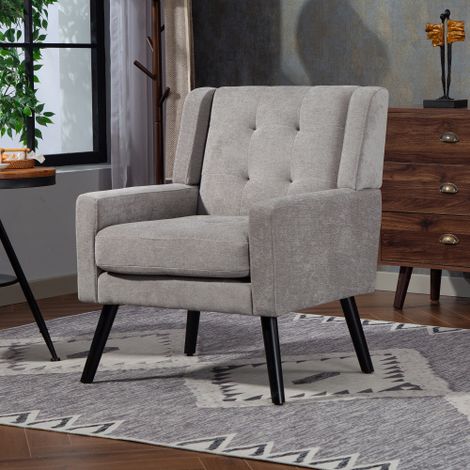Fauteuil capitonné en daim à boutons – Fauteuil moderne du milieu du siècle avec coussin en mousse haute densité et pieds en bois massif, idéal pour les petits espaces : salon, chambre, bureau