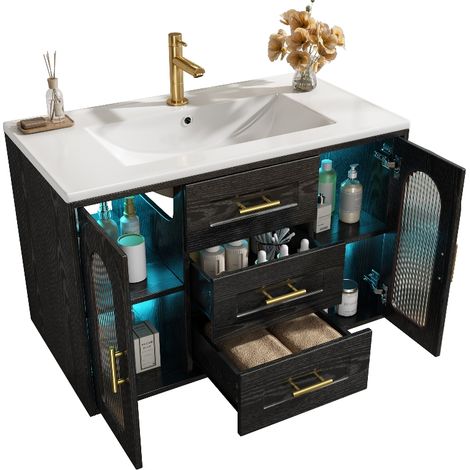 Badezimmerschrank mit Waschbecken und LED-Beleuchtung, hängender Waschbeckenunterschrank mit Stauraum, 76x46x55cm, Schwarz Holzmaserung (1/5)