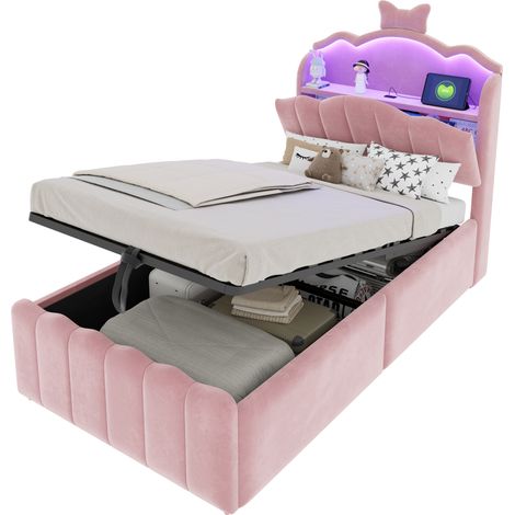 Kinderbett 90 x 200 cm mit Samtbezug, Stauraum, LED, USB und USB-C, ohne Matratze, Rosa (1/5)