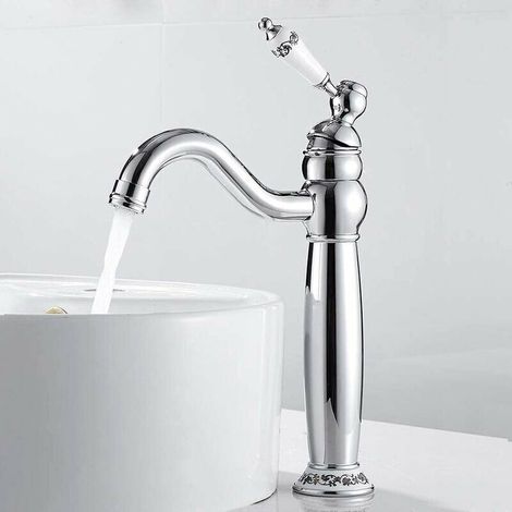 Vintage Style Brass Tall Basin Faucet Single Handle Mixer Tap Antique Bathroom Faucet Single Handle Mixer Tap with Floral Pattern Hot & Cold Hoses Available (Silver) (1/5)