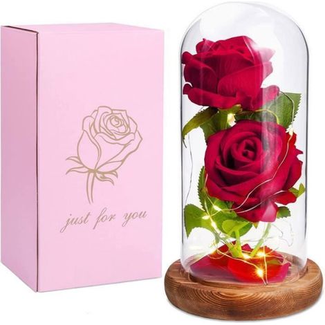 Rose Eternelle sous Cloche - - Rouge - Verre - Lumières LED - Décoratif (1/3)