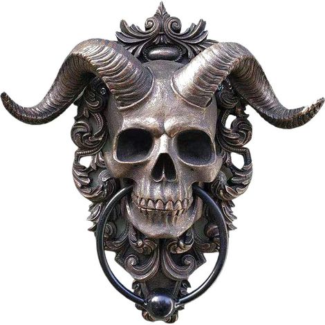 Plaque Suspendue Squelette Tête de Chèvre, Plaque Murale Heurtoir de Porte, Squelette Effrayant Sombre avec Cornes Mystérieuses sur Fond Dentelle et Filigrane (1/5)