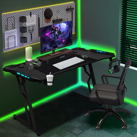 Wolketon Gaming Tisch LED, 140 x 60 cm großer Gaming-Schreibtisch mit Karbonfaserplatte, ergonomischer Computertisch mit Mauspad, Getränkehalter und Kopfhörerhaken, Schwarz