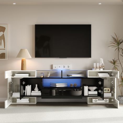 Mueble de TV brillante, iluminación LED, amplio espacio de almacenamiento, 200x35x60cm, mueble de salón moderno, tapa de cristal, blanco+negro (1/5)