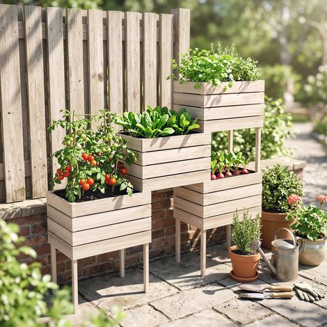 Lit surélevé pour jardin avec 4 jardinières 50x30x60cm, en bois naturel, bac potager sur pieds (1/5)