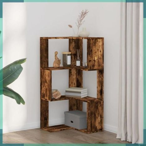 Bibliothèque d'angle - Modèle à 3 niveaux - Chêne fumé - 50 x 50 x 102 cm - Bois d'ingénierie (1/5)