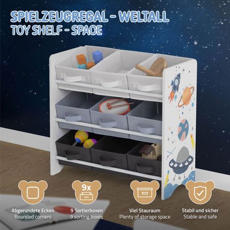 Joyz Kinderregal, Weltraum, 62,5x29,5x60 cm, Weiß, Spielzeugregal mit 9 Aufbewahrungsboxen aus Vliesstoff, Kinder-Bücherregal mit 3 Etagen, Kinderzimmerregal Aufbewahrungsregal Spielzeug Organisator