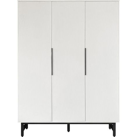 HOME DELUXE Kleiderschrank NYLA 150x60x200 cm, Weiß – 3-türig mit 3 Schubladen, geriffelte Front, Metallfüße, inkl. Kleiderstange (beschichtete Spanplatte)  Kleiderschrank, Schrank, Kleiderschrank gro