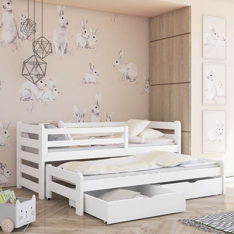 Bett 90x200 inklusive Lattenrost Ausziehbett und Schubladen Jordan Weiß