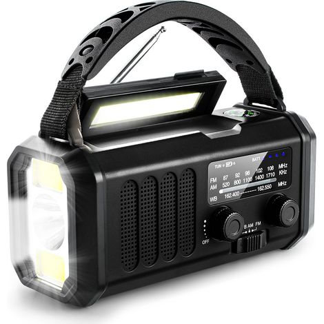 Notfallradio mit 10000 mAh Akku, Taschenlampe, solarbetriebenem Kurbelradio, AM/FM-Wetterradio, SOS-Alarm und USB-C-Ladeanschluss, schwarz