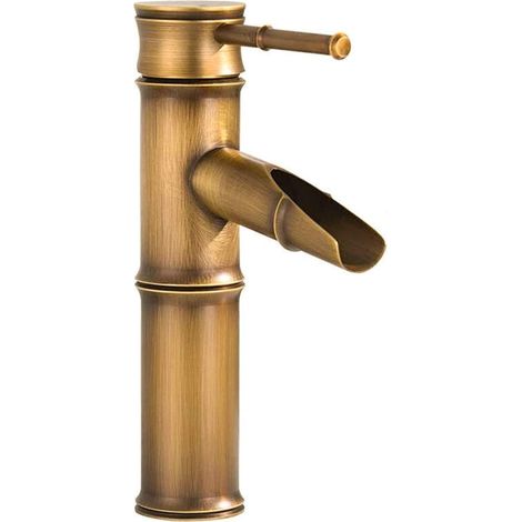 Rubinetto miscelatore per bagno a cascata in stile retrò a forma di bambù, rubinetto miscelatore per lavello da cucina, acqua calda e fredda regolabile, bronzo. (1/4)