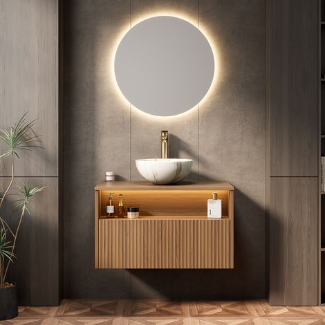 Mueble de baño con lavabo suspendido 80 cm, minimalista, roble marrón, lavabo cerámico blanco piedra, 1 cajón y estante LED (1/5)