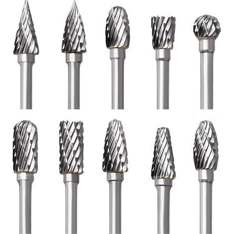 Jeu de Fraises en Carbure de Tungstène pour Dremel, 10 Pièces Fraises Rotatives à Double Coupe avec Tige de 1/8" pour Sculpture sur bois, Gravure, Perçage, Polissage, Travail du métal (1/5)