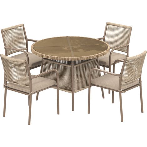 Ensemble de meubles de jardin modernes en rotin, table ronde en verre + 4 fauteuils avec accoudoirs, structure en fer, adapté à la terrasse/balcon/patio