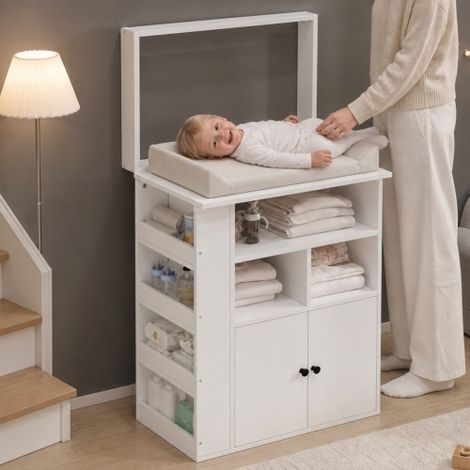 Commode à Langer 2-en-1, 82 x 50 x 100 cm, 2 en 1, Garde-corps Amovible, Rangement Trié, Blanc et Noir, Blanc (1/5)
