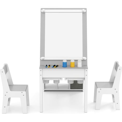 COSTWAY Kids Active Play Art Table & Chairs Set w/Paper Roll-Gray (1/5)