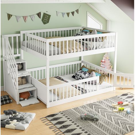 Letto a castello 140x200 cm bianco in legno massello con scala contenitore e sponde di sicurezza (1/5)