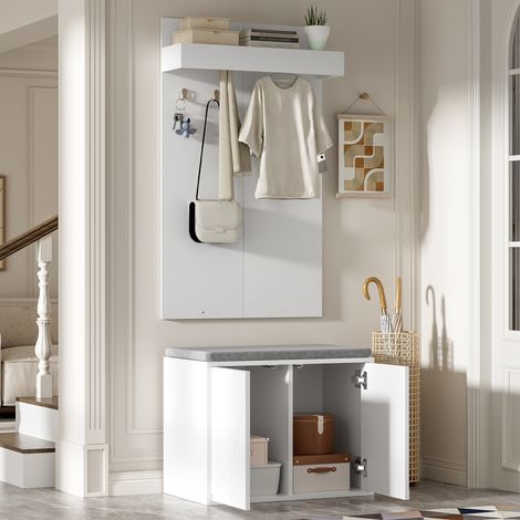 Ensemble d'entrée 3‑en‑1 – Avec porte‑manteau à 4 patères – Meuble à chaussures à 2 portes – Banc d'assise – 60 × 35 × (45+100) cm – Blanc (1/5)