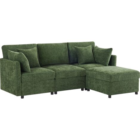 Canapé d'angle en L, convertible en canapé 3 places, structure modulaire, avec pouf mobile et 4 coussins en chenille – Idéal pour le salon, l'appartement et le bureau – Vert, avec vidéo