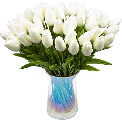 30 tulipes artificielles, imitation réaliste, en latex PU blanc (blanc), bouquet de fleurs de Hollande.-AquaForge (1/3)