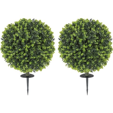 Set 2 piante artificiali a sfera di bosso con picchetto, verdi, UV resistenti (1/5)