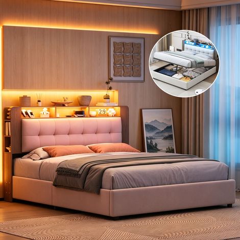 Lit Coffre 140x200 avec Sommier, Cadre de Lit avec Éclairage LED et Fonction de Charge sans Fil,Lit Double Rembourré avec Rangement,Velours,sans Matelas, Blanc (1/5)