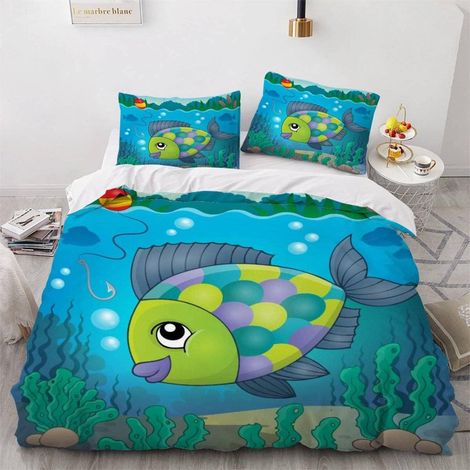 Housse de Couette 140x200 Enfant Poisson Parure de Lit 1 Personne Microfibre Housse de Couette Animaux Marins Mignons 3D Imprimé Literie Set 3 Pièces avec Fermeture Éclair - 140x200+2x50x75 (1/5)