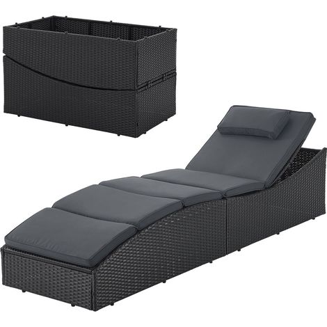 Juskys Sonnenliege Lamia klappbar - Polyrattan Gartenliege mit Auflage, Kopfteil verstellbar, 160 kg belastbar - Garten Balkon Outdoor Liege Schwarz (1/5)