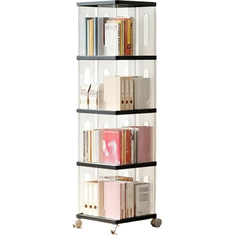 Bibliothèque rotative sur pied avec roulettes silencieuses, étagère de rangement mobile 360°, noir, 4 niveaux (1/5)